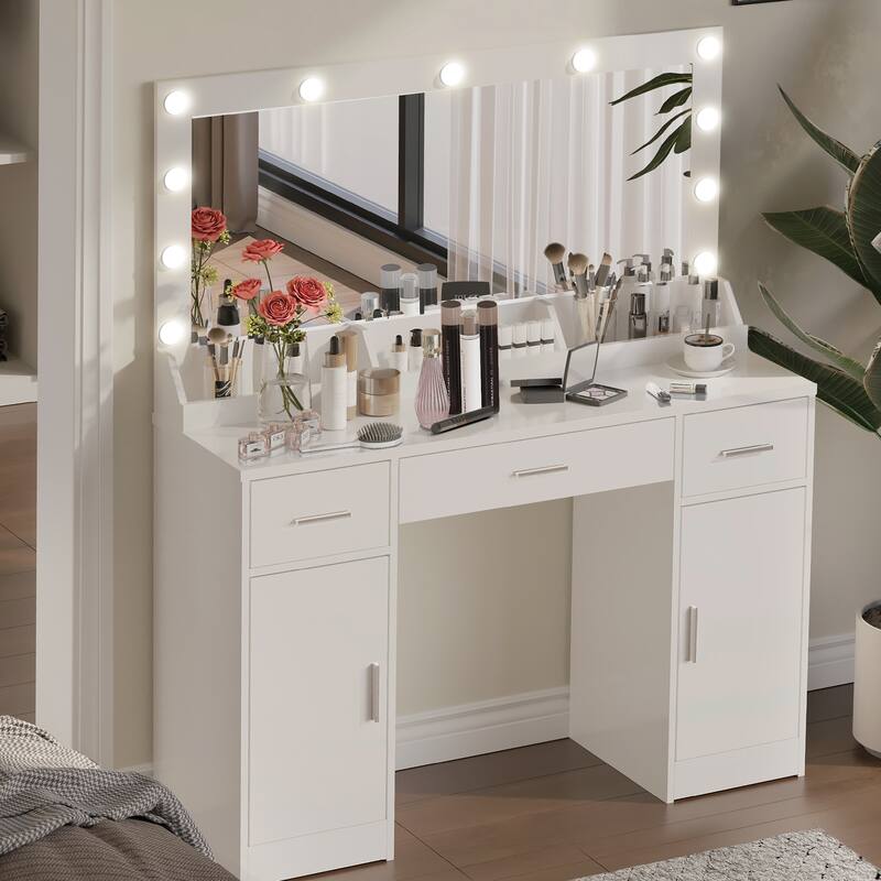 Modern Makeup Vanity with Mirror,3 Drawers & 2 Vertical Cabinets