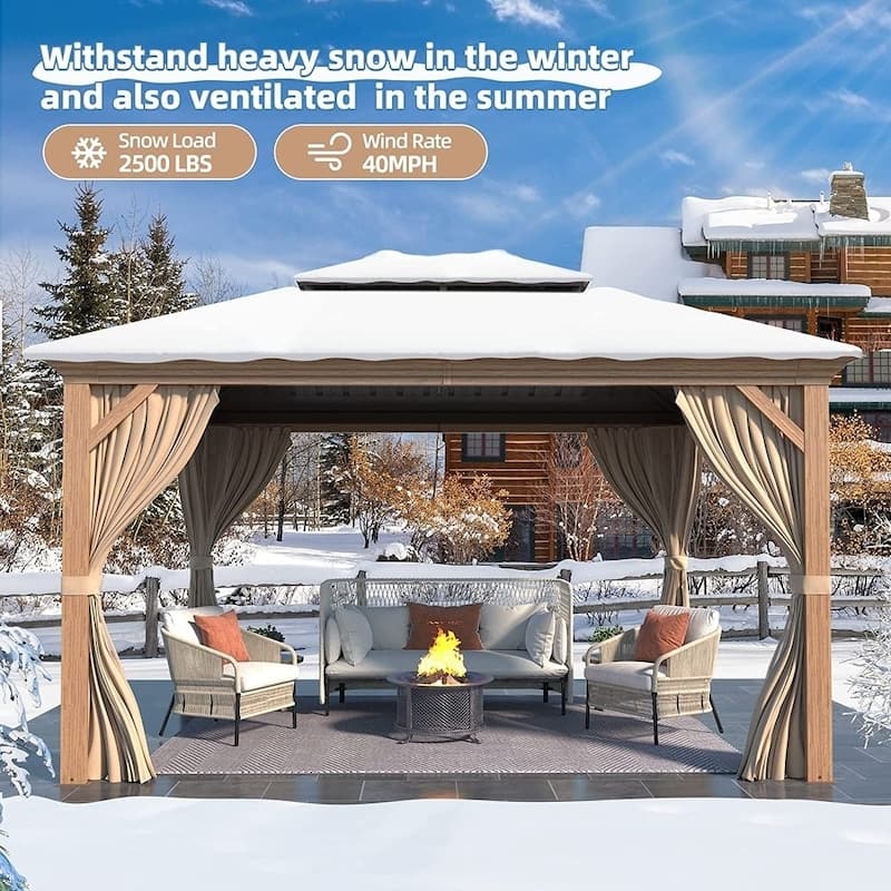 Erommy Hardtop Gazebo with Aluminum Frame and Double Roof, Permanent Outdoor Gazebo Includes Curtains&Netting for Patio Backyard