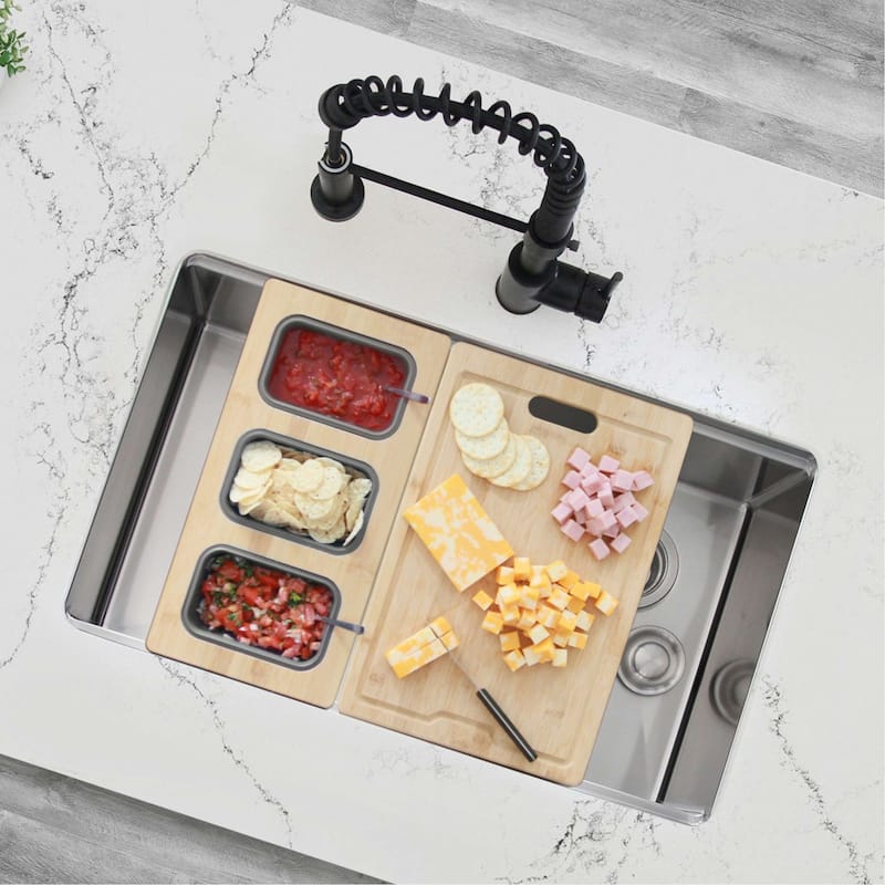 STYLISH 18 inch Over the Sink Divided Serving Board with 3 Collapsible Containers - 16.75" x 8.5" - Bamboo Wood