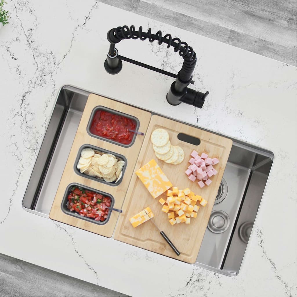 STYLISH 18 inch Over the Sink Divided Serving Board with 3 Collapsible Containers - 16.75" x 8.5"