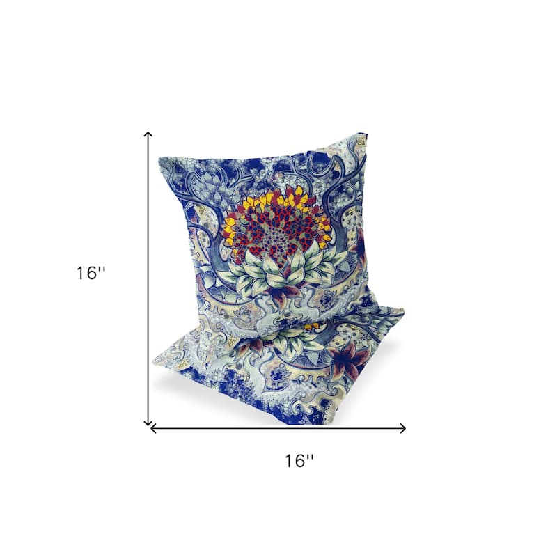 HomeRoots Set of Two 16" X 16" Blue and Yellow Blown Seam Floral Indoor Outdoor Throw Pillow - 16.00' X '16.00' X '5.00