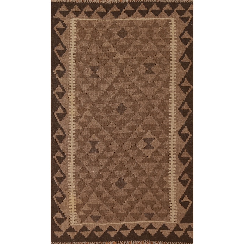 Brown Kilim Oriental Area Rug Hand-woven Wool Carpet - 3'3" x 5'2"
