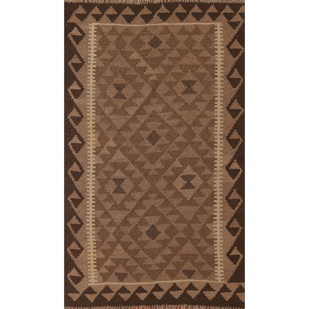 Brown Kilim Oriental Area Rug Hand-woven Wool Carpet - 3'3" x 5'2"