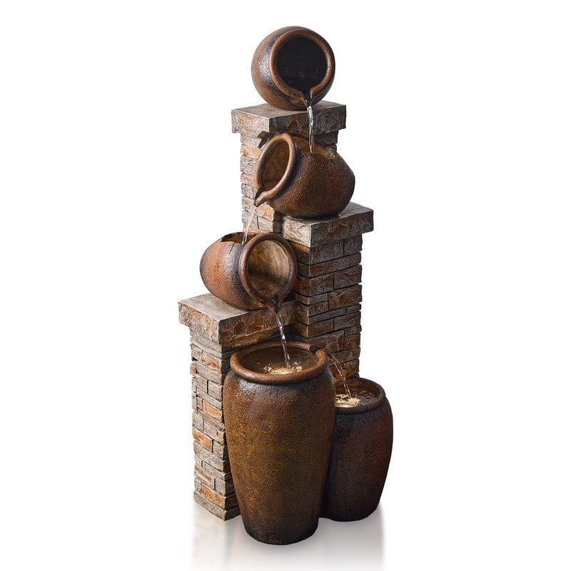 44.09" Glazed Terracotta Pots Polyresin Cascade Water Fountain Weather Resistant