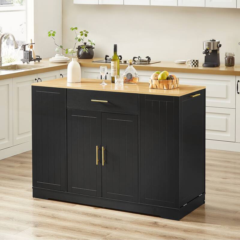 53inch Kitchen Storage Islands with Drawers and Trash Can Storage - Black