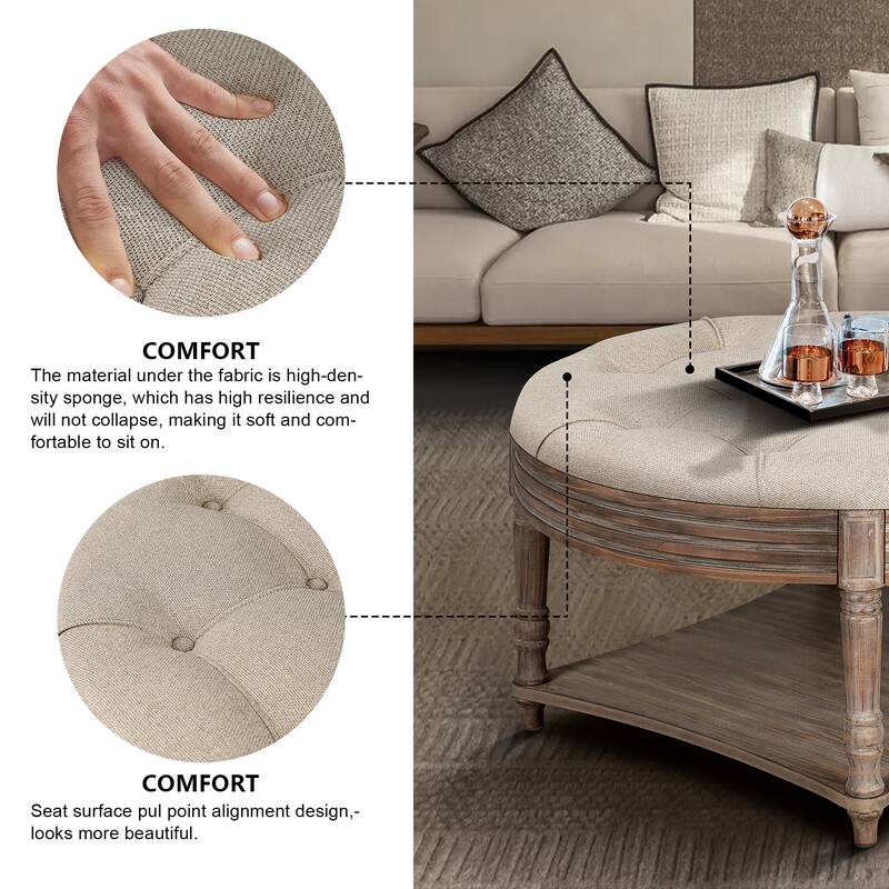Large Round WaterProof Ottoman Coffee Table 2 Tier Oversized Button Tufted Ottoman