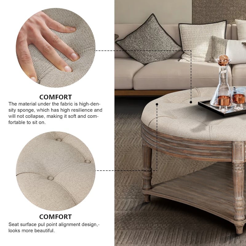 Large Round Waterproof Ottoman Coffee Table with Storage and Shelf