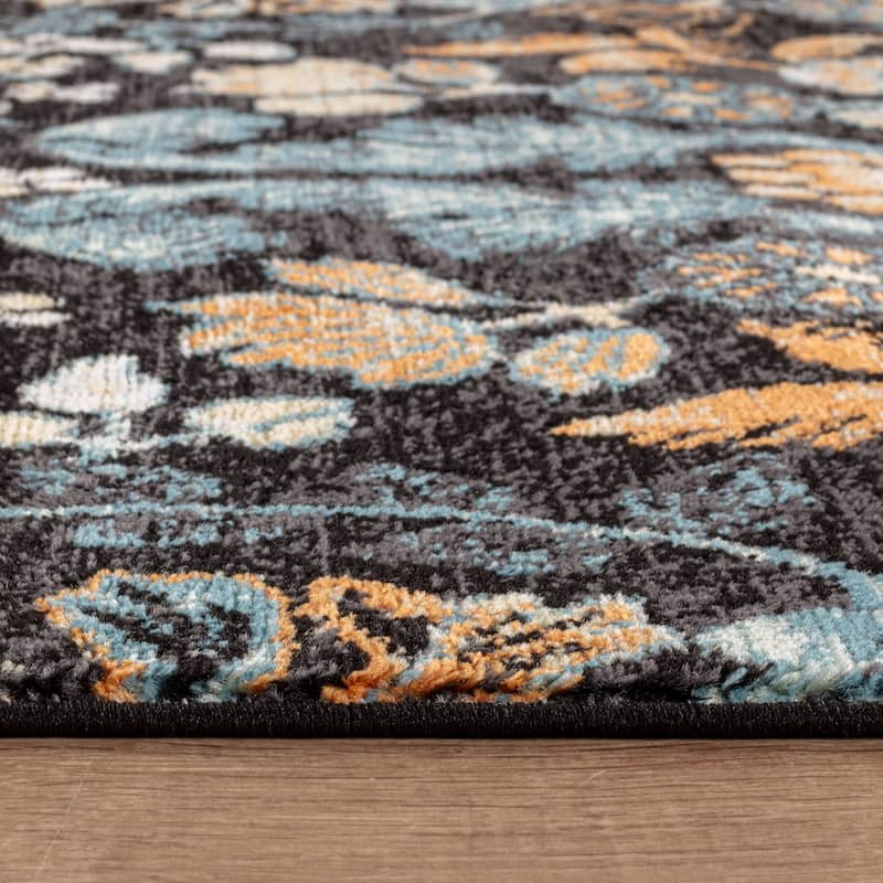 Black Multi Symmetrical Floral Stylish and Durable Area Rug