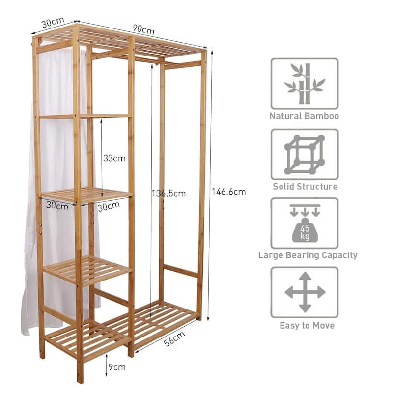 Free-standing Closet Garment Hanging Stand Bamboo Wood Rack - 35.4" x 11.8" x 57.7"