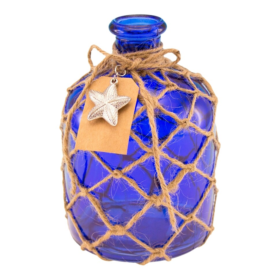 Shop Cobalt Blue Round Glass Bottle With Jute Rope Netting And