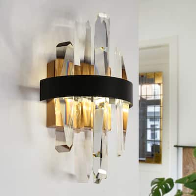 Modern 1-Light LED Crystal Wall Sconce Black Gold Vanity Lights - L11.5" x W7"