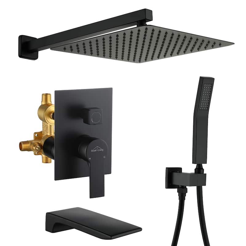 Wall Mount Shower Faucet and Tub Faucet with 10 inch Fixed Shower Head - 12" - Matte Black