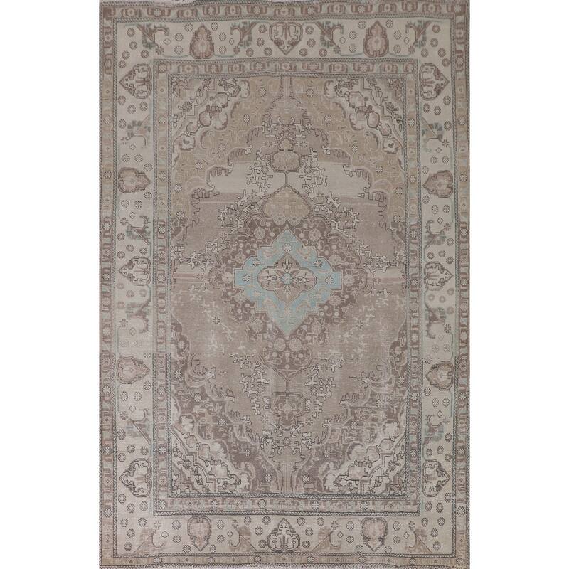 Distressed Tabriz Persian Vintage Rug Handmade Beige Wool Carpet - 6'6"x 9'8"