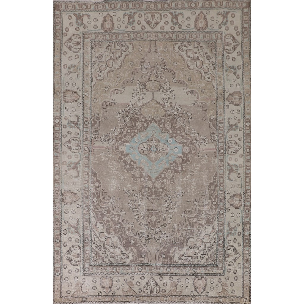 Distressed Tabriz Persian Vintage Rug Handmade Beige Wool Carpet - 6'6"x 9'8"