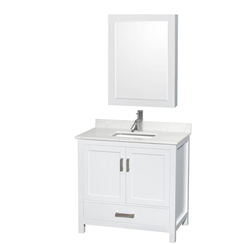 Sheffield 36-inch Single Vanity, Single Hole Quartz Top, Med Cabinet - White, Chrome Trim, Giotto Quartz Top