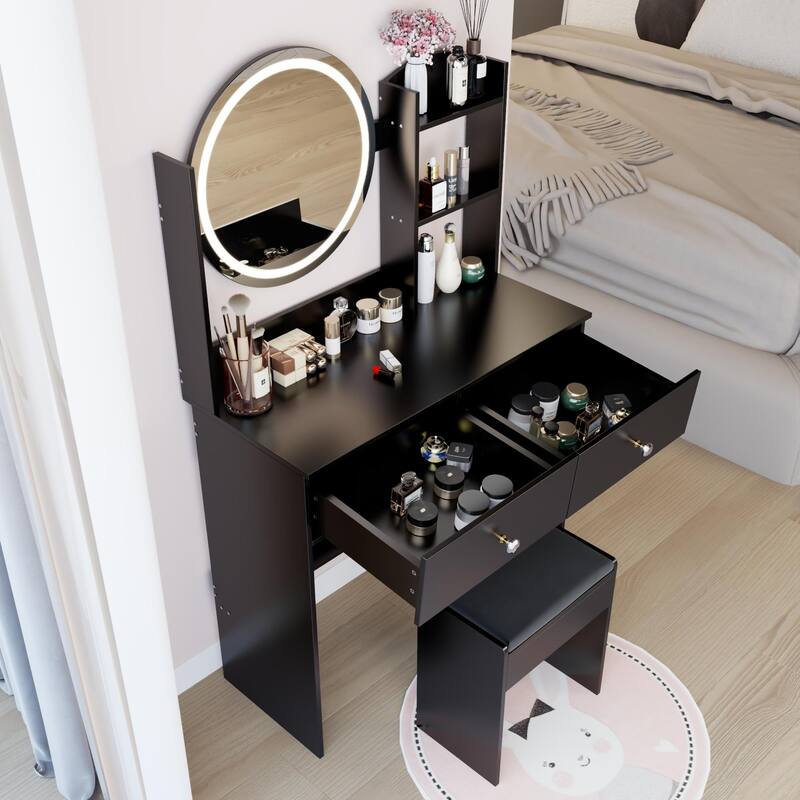 Round LED Mirror Vanity Table, Dressing Set with Cushioned Stool, Makeup Cabinet with Touch Mirror & Multi-layer Storage