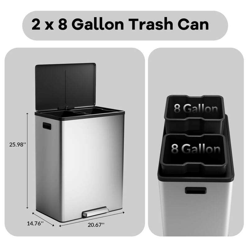 2x8 Gal Dual Compartment Step Trash Can for Kitchen Home Office