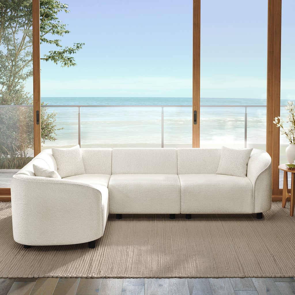 L-Shaped Curved Sectional Sofa, Boucle Upholstered 4-Seater Sofa, Corner Sofa with Pillows for Living Room, Apartment