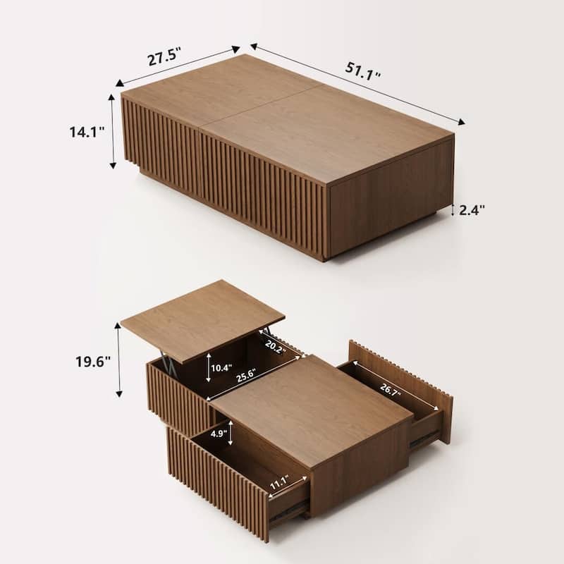 51.1'' Modern Lift-Top Coffee Table with Hidden Storage & Sliding Drawers, Satin Walnut Finish, Rectangular Center Table