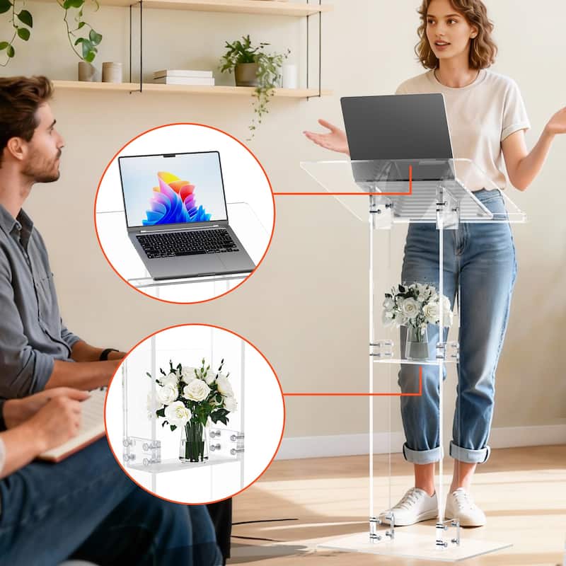 Clear Acrylic Presentation Lectern Pulpits Transparent Podium Stand with Tilted Wide Top and Shelf