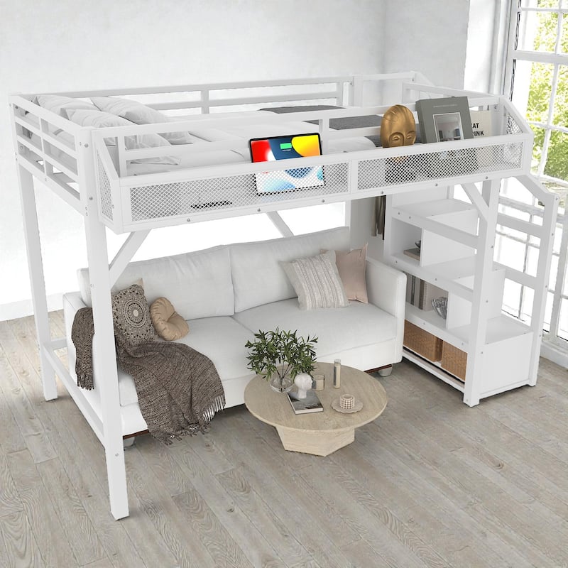 Metal Loft Bed with Storage Stairs, Wardrobe and Shelves, USB Ports and LED Lights, Noise Reduced Frame