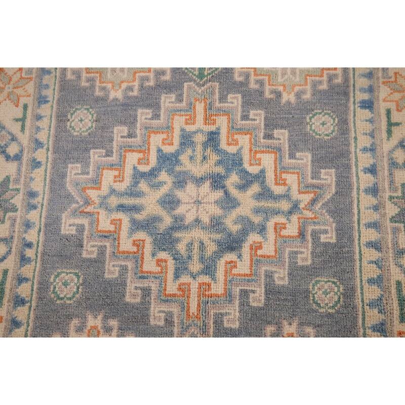 Geometric Kazak Accent Rug Hand-Knotted Grey Wool Carpet - 2'7" x 4'2"