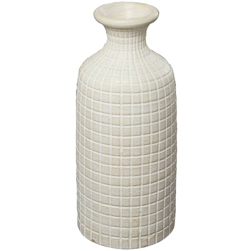 Cream Ceramic Textured Geometric Decorative Vase with Checkered Pattern - 10"W, 23"H