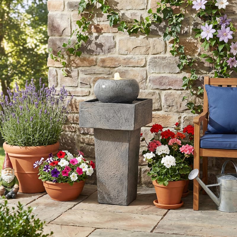 Christopher Knight Home - Aveline 25.59"H Minimalist Concrete Column Fountain LED-Lit Modern Outdoor Oasis - Grey