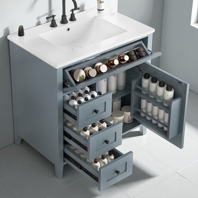 30-Inch Bathroom Vanity with Sink, MDF and Solid Wood Cabinet, 3 Drawers and Adjustable Shelf, Freestanding Design