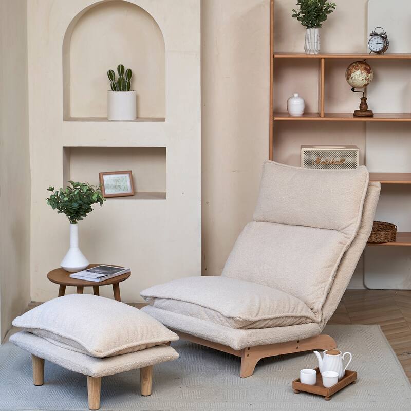 Beige Upholstered Armless Manual Lazy Recliner Set with Ottoman, Adjustable Headrest and Backrest, 180° Flat Lay - Beige