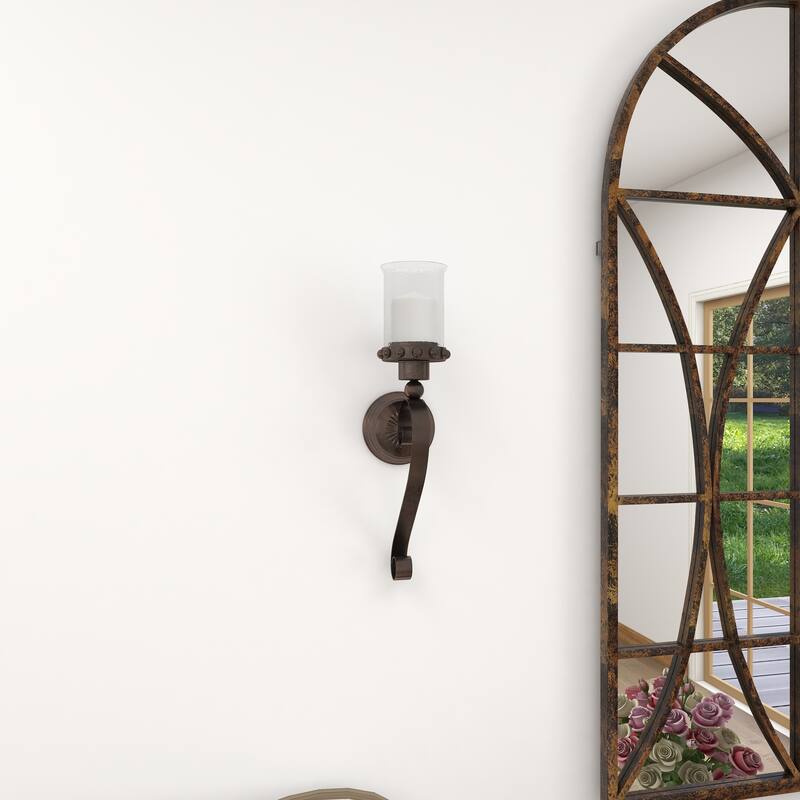 Brown Metal Studded Pillar Scroll Wall Sconce - 6 x 5 x 20