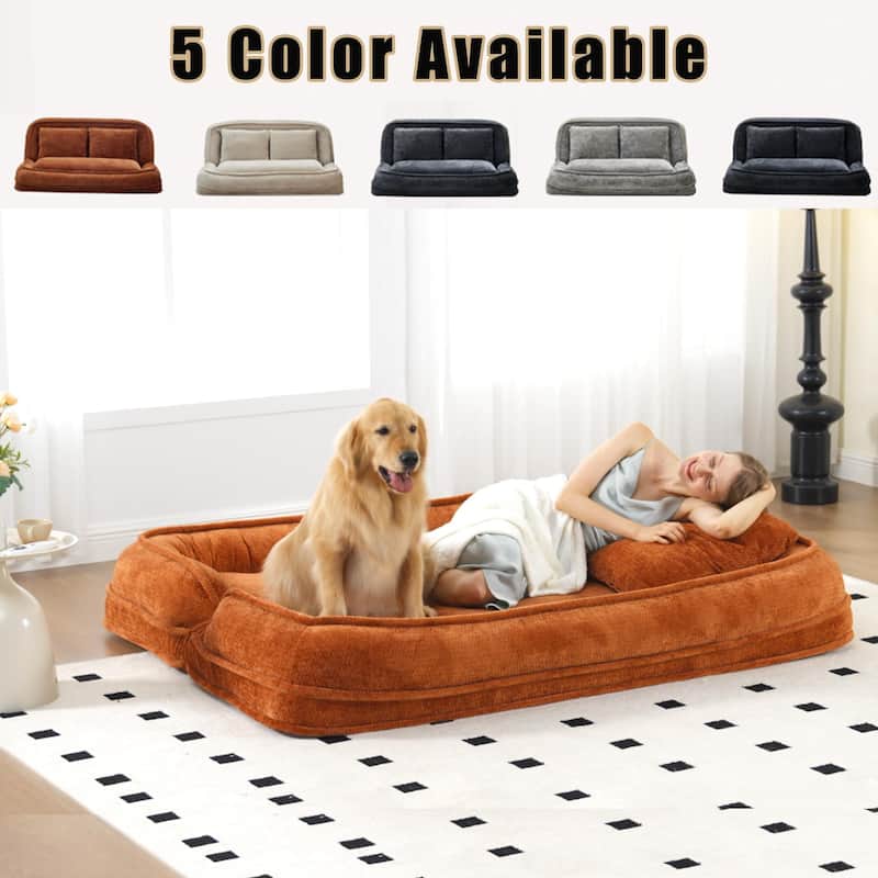 Pet Friendly Lazy Loveseat Sofa 2-in-1 Chenille Floor Couch Double Human Sleeper Bed with 5 Adjustable Position, Plump Pillows