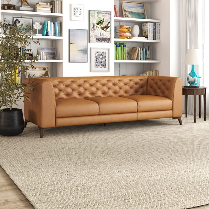 Florentina Mid Century Modern Chesterfield Genuine Leather Sofa in Cognac Tan