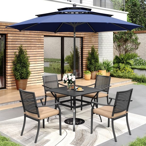 4 chair patio set with umbrella Flash Furniture Tory Commercial Grade Table Tempered Glass Top with Hole and Steel Tube Frame, Clear Top/Silver Frame For the umbrella 4-Piece Outdoor Patio Dining Set