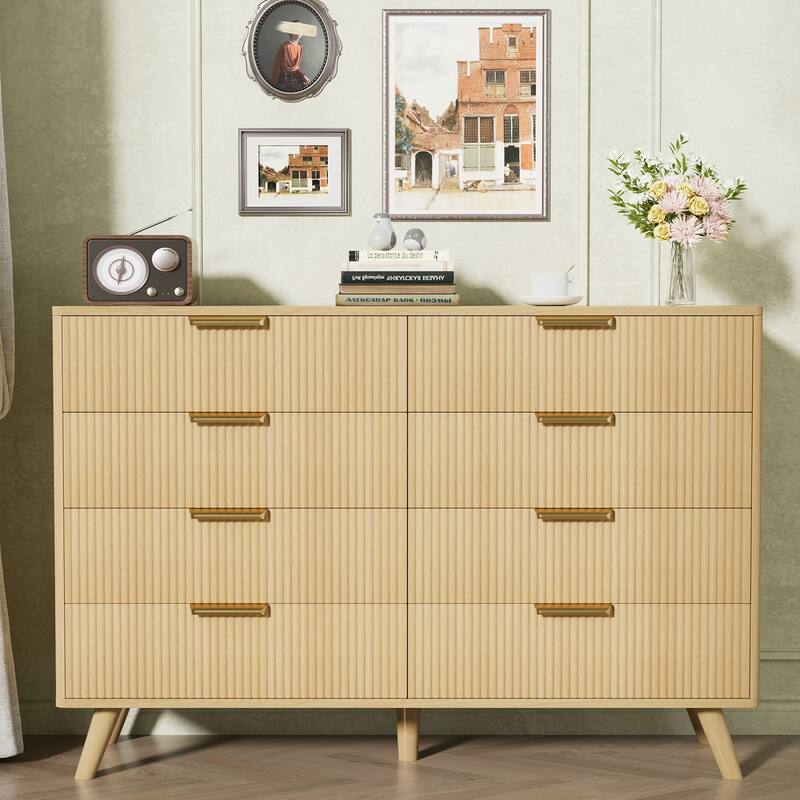 Gymojoy 8 Drawer Fluted Dresser for Bedroom, Modern Wave Pattern Wood Chest with Gold Handles, Boho Storage Dresser