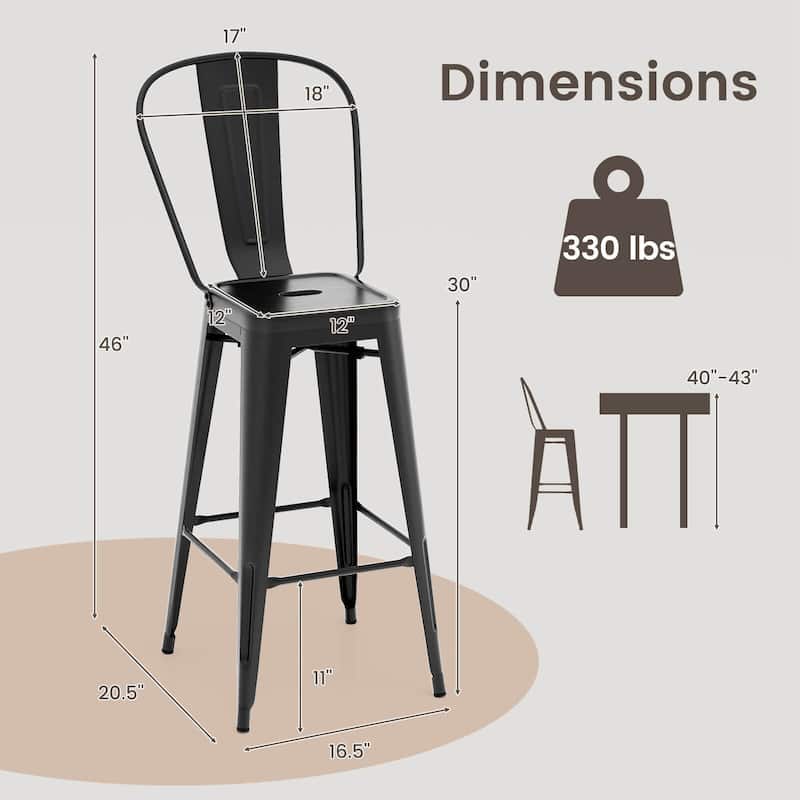 Costway Set of 4 High Back Metal Stool 30'' Seat Bar Height Industrial
