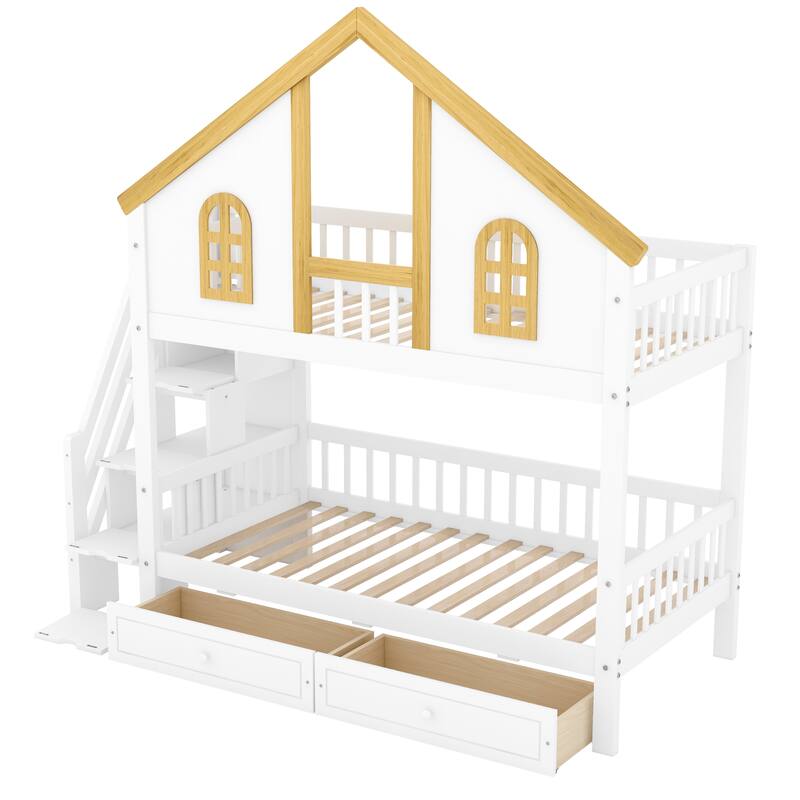 GDFStudio -DreamCottage Modern Wooden House Roof Bunk Bed with Storage Drawers and Staircase