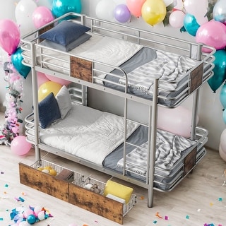 Twin XL over Twin XL Metal Modern Bunk Bed with MDF Board Guardrail and 2 Storage Drawers,Large Storage Space, Silver