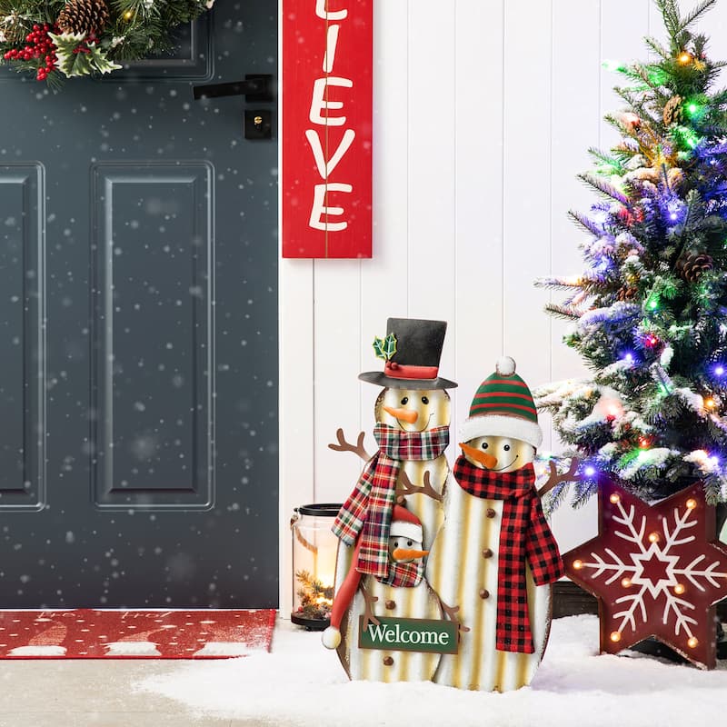 Glitzhome Metal Christmas Snowman Nutcracker Gnome Family Yard Stakes Wall Decor - "Welcome" Snowman Family