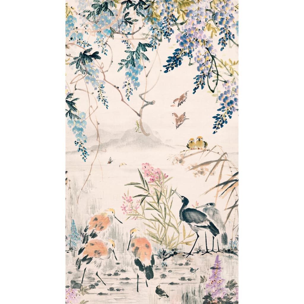 Galerie Wallcoverings Orom II Collection Blue Leaf and Bird 62.5-inches wide x 9.18-feet high 3-panel Wall Mural