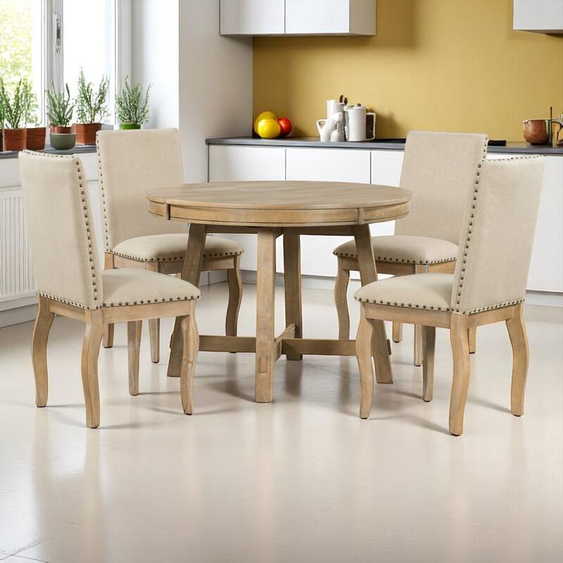 5-Piece Farmhouse Dining Set, Round Extendable Table with 4 Upholstered Chairs, Wood Dining Set for Kitchen and Dining Room