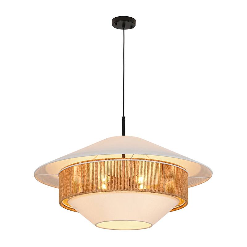 Coastal-style 4-Light Hemp-rope Geometric Linen Fabric Pendant - 33.5 in