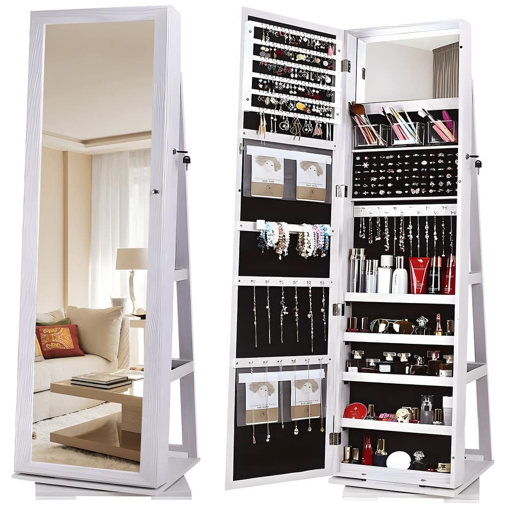 Standing Lockable Jewelry Armoire Jewelry Cabinet Organizer with Full-Length Mirror - 62.4"×14.8"