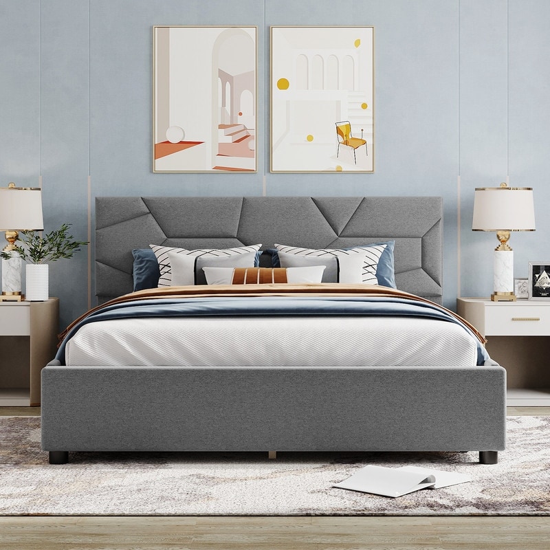 Upholstered Queen Platform Bed with 4 Storage Drawers Wooden