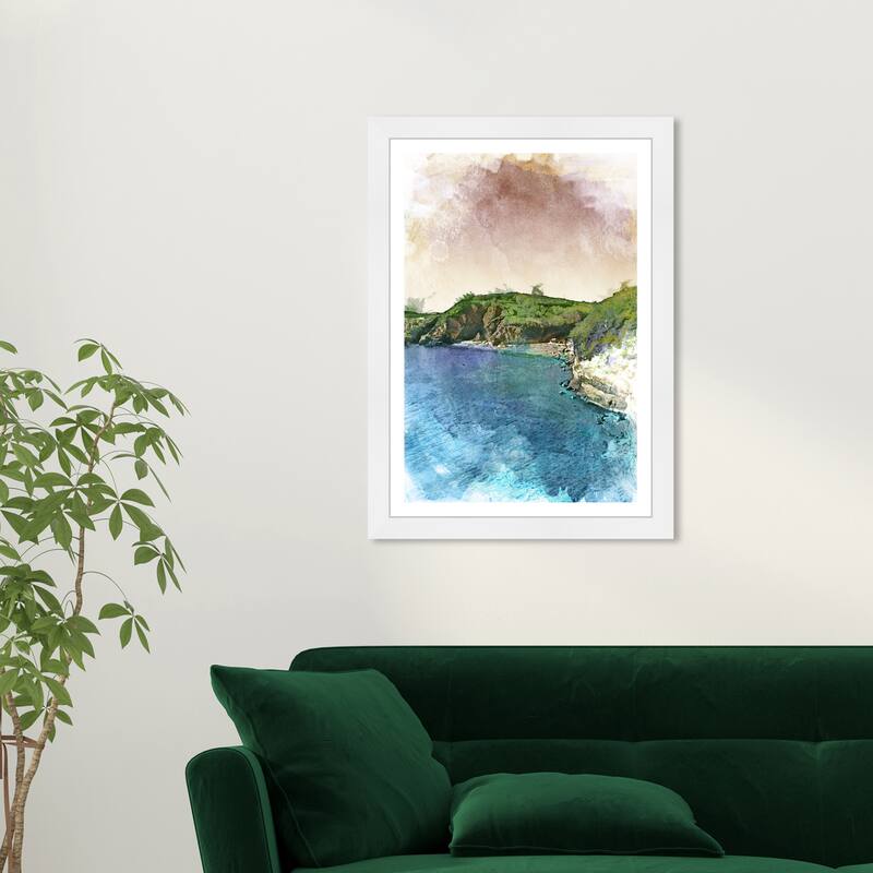 Wynwood Studio 'Cliff Side Paradise' Nautical and Coastal Blue Wall Art Framed Print - 13 x 19
