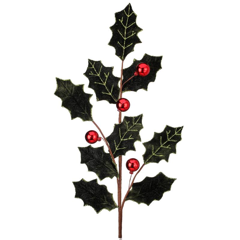 27" Velvet Holly Leaf Spray With Ball Set of 3