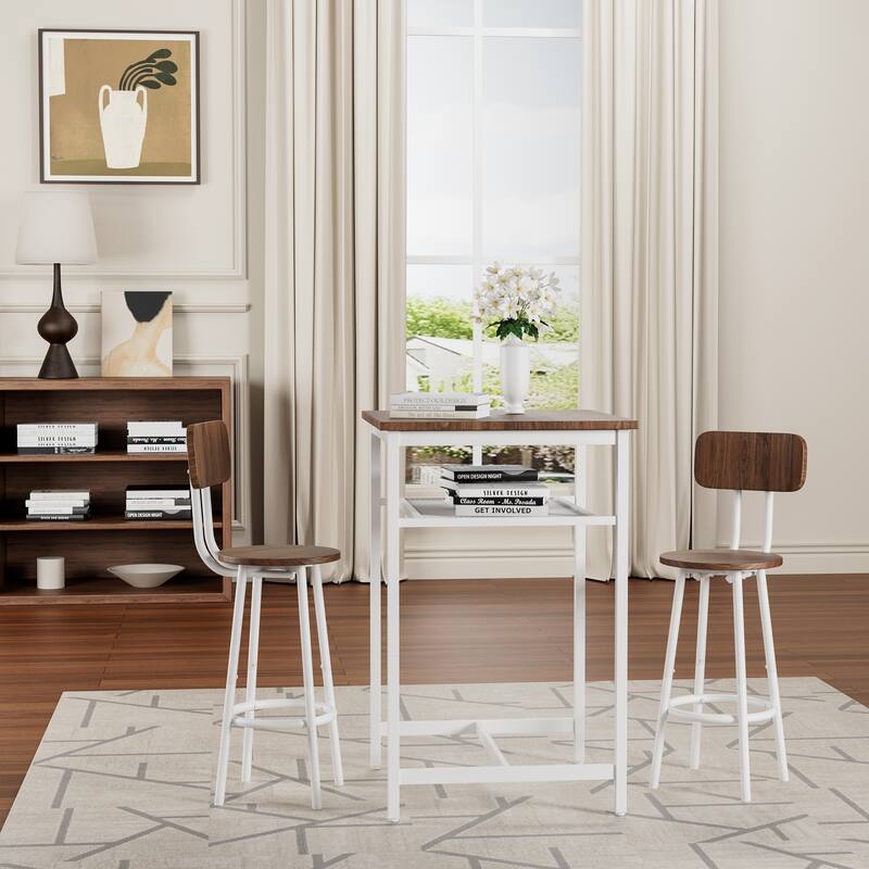 3-Piece Counter Height Table & Chairs Set with 2 Foldable Stools, Chic Bar Stools with Non-Slip Feet - Beige Brown