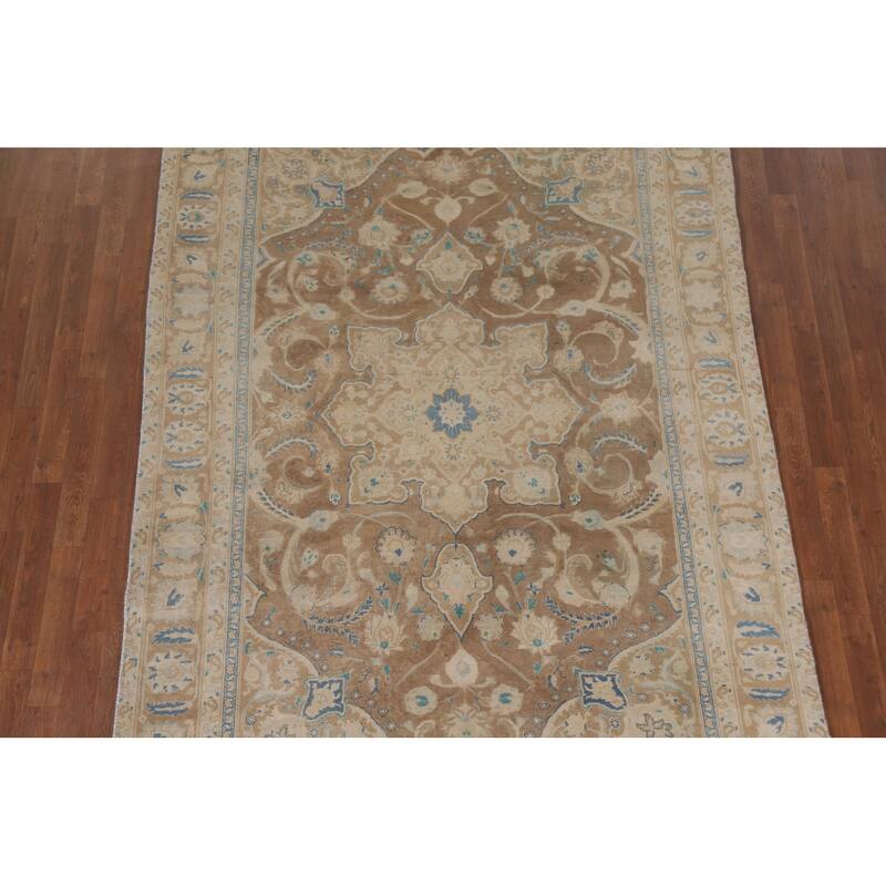 Hand Knotted Oriental 100% Wool Carpet Traditional Floral Brown Mashad Area Rug - 9' 0'' X 6' 0''
