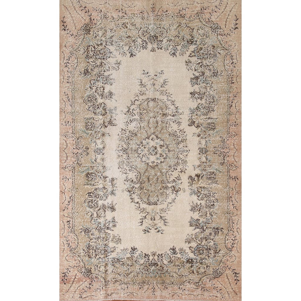 Distressed Ivory Sparta Turkish Vintage Rug Hand-Knotted Wool Carpet - 5'8"x 9'4"