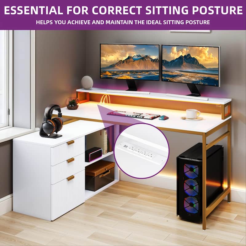 Moasis 55" Corner Computer Desk L-shaped Desk with Led Lights Gold Frame